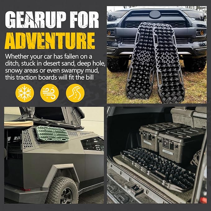 BUNKER INDUST Off-Road Traction Boards with Jack Base,Pair Recovery Track 4X4 Jeep Truck Emergency Tire Traction Mat with Bag -Sand, Mud, Snow Tracks Black Traction Pad (Gen 7th)