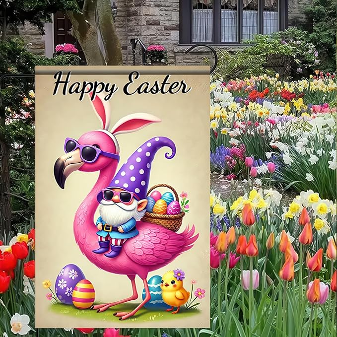 Happy Easter Garden Flag Cute Gnoms 12x18 Inch Double Sided Colorful Easter Eggs Yard Outside Decorations Spring Outdoor Small Decor Seasonal Spring Party Flags