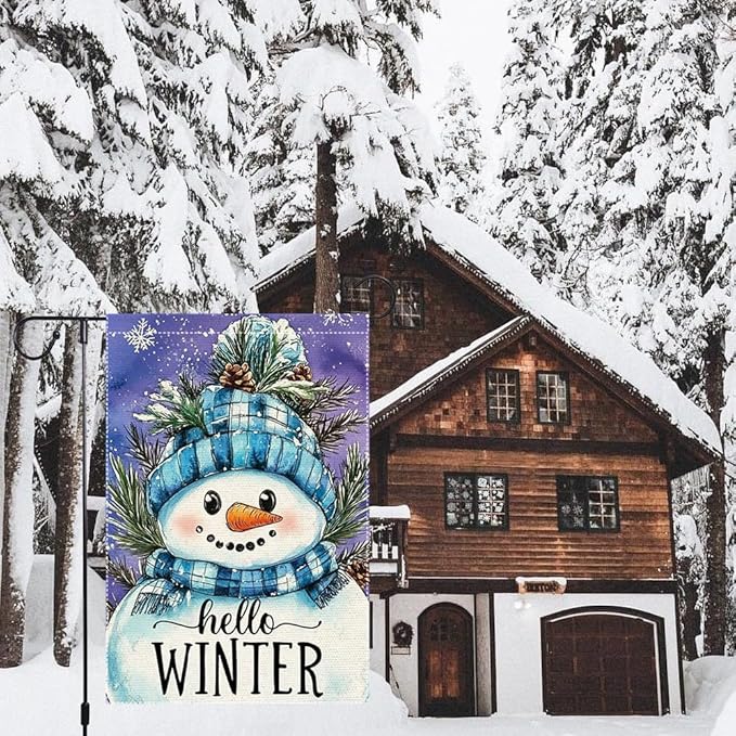 Hello Winter Snowman Garden Flag 12x18 Inch Double Sided Burlap Holiday Yard Decoration with Blue Knit Hat and Scarf Pinecone Snowflakes Outdoor Welcome Banner