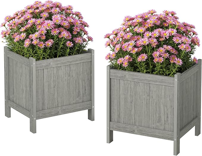 LUE BONA Outdoor Plant Pots Set of 2, 13.7" x 12.5" x 14.5" Flower Pots with Drainage Holes, Outdoor Planter Box for Outdoor Plants - Porch Patio, Garden or Entryway, Light Gray-Oil Printed