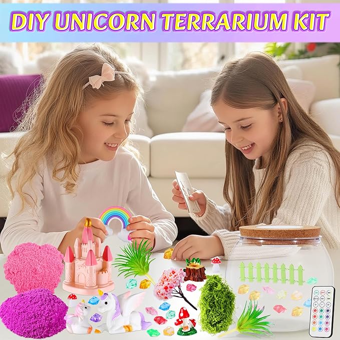 Gifmore Unicorn Light Up Terrarium Kit for Kids - LED Night Light Unicorn Birthday Gifts for Girls Ages 4 5 6 7 8-12, Unicorn Toys for Girls, Children's Arts and Crafts Kit