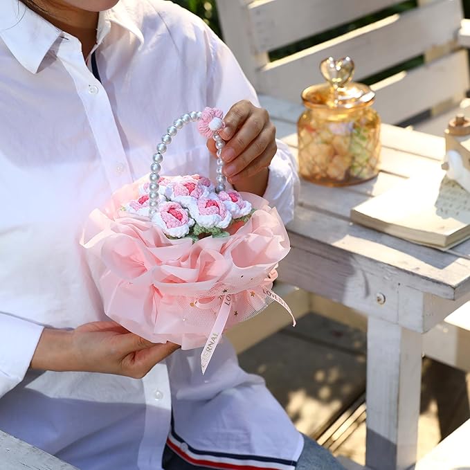YOOJEE Crochet Flower Bouquet Pink Valentines Day Gift for Her Wife Girlfriend Women Sister Handmade Knitted Rose Basket for Mother Women Teachers Coworkers Gradient Pink Yarn Flower
