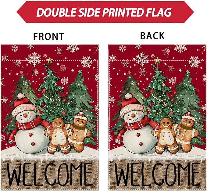 Welcome Garden Flag Winter Snowman Gingerbread Man Pine Trees Christmas Yard Flag 12x18 Inch Double Sided Small Mini Yard Outdoor Outside Xmas Holiday Party Decoration