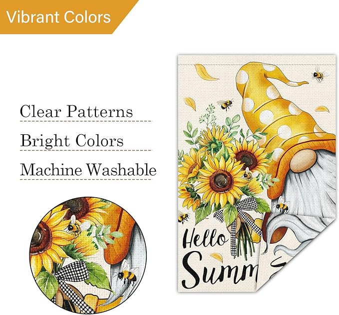 Louise Maelys Welcome Spring Summer Gnome Garden Flag 12x18 Double Sided, Burlap Small Vertical Sunflower Garden Yard Flags for Seasonal Outside Outdoor House Decoration (ONLY FLAG)