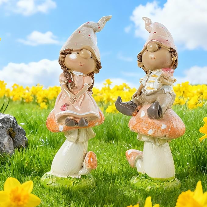 Garden Mushroom Gnome Resin Statues - Outdoor Patio & Lawn Decor, Indoor Home Ornament, Gnome Couple Garden Figurines, Ideal Gift for Parents & Friends