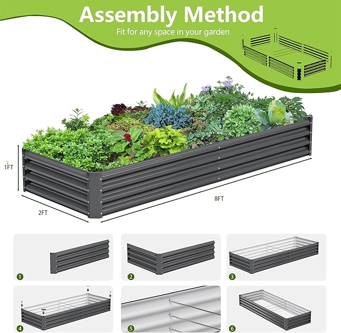 2PCS 8x2x1FT Galvanized Raised Garden Bed Kit, Galvanized Planter Raised Garden Boxes Outdoor, Large Metal Raised Garden Beds for Vegetables-Grey