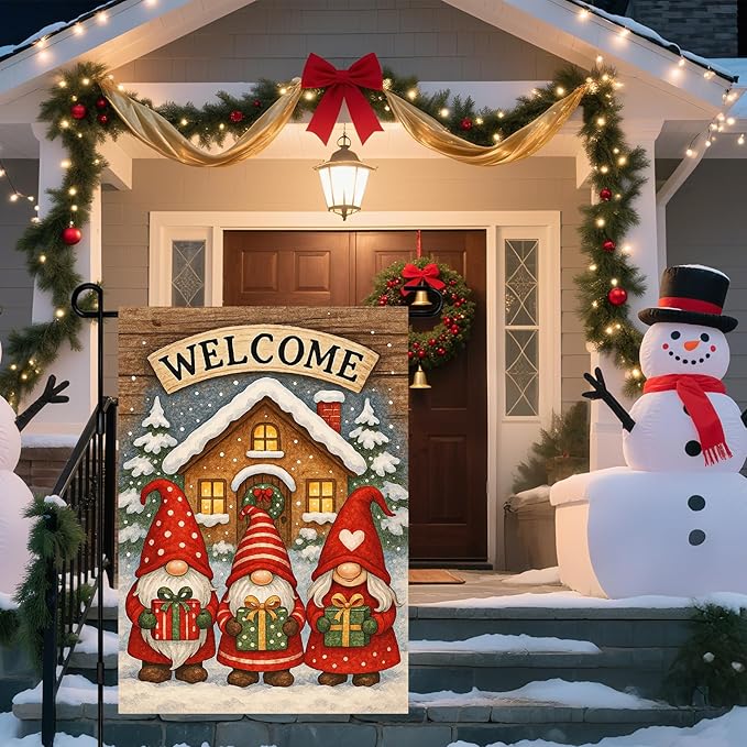 IVN Winter Garden Flag 12x18 Inch Double Sided Winter Gnomes with Gifts and Welcome Sign Outdoor Yard Flag for Outside Home Front Door Lawn Porch Patio Welcome Decor