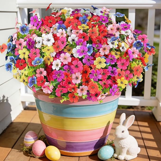 16 Bundles Artificial Flowers for Outdoors, Realistic Fake Silk Flowers for Outside, UV Resistant Faux Plants for Outdoor Planter, Hanging Basket - Porch Spring Easter Decor(8 Colors)