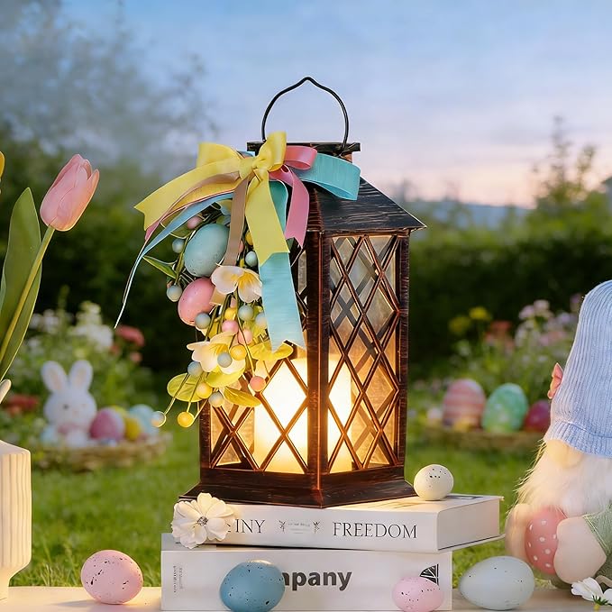 Easter Solar Lanterns Outdoor, Waterproof Garden Hanging Lanterns, 13" Outdoor Decorative Lantern with LED Flickering Flameless Candles, Easter Lantern for Porch, Yard,Patio Decor