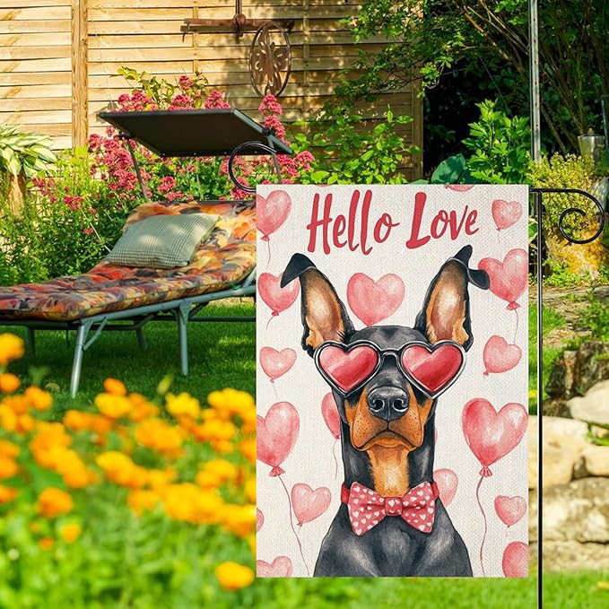 Valentine's Day Doberman Hello Love Garden Flag, House Yard Plaid Love Heart Outside Decoration, Spring Holiday Wedding Anniversary Outdoor Small Decor 12x18(12647)