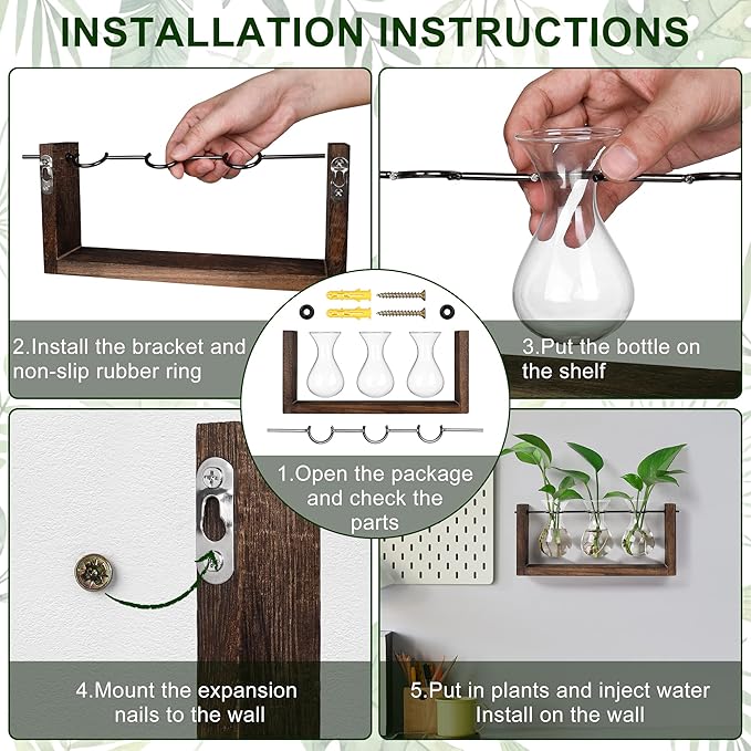 YIBOT Wall Hanging Planter Propagation Station Glass Flower Vase for Hydroponics Plants, Plant Terrarium with Wooden Stand, Bathroom, Home Office Living Room Decor Gift