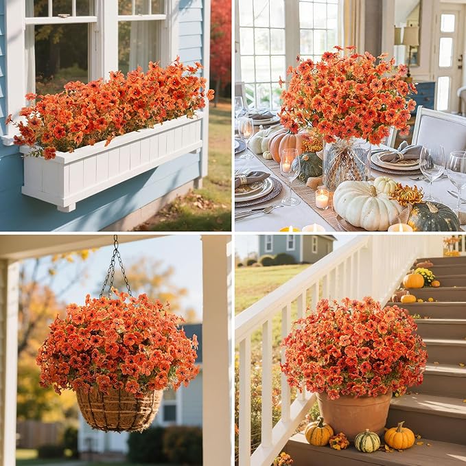Besteek 20 Bundles Artificial Fall Flowers for Outdoors Decoration, Fake Mums Silk Daisy Faux Plastic Plants Boston Fern UV Resistant for Autumn Thanksgiving Garden Planters Home Decor, Orange