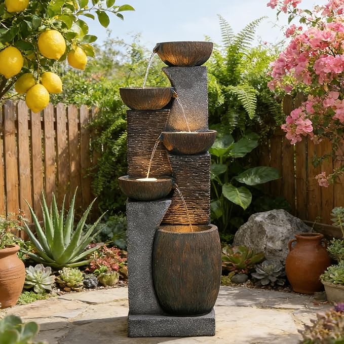 51.6'' H Tall Outdoor Water Fountain, 5-Tier Resin Cascading Crock Bowls with LED Lights, Garden Water Feature and Waterfall for Porch, Deck, Patio, Yard, and Home Décor, Dark Gray