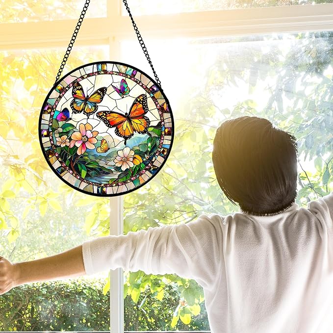DASTOLL Stained Glass Window Hanging, Butterflies Flying in The Sky Suncatcher for Doors Home Sun Catchers Decoration and Christmas, Mother's Day Birthday Gifts for Women, Men, and Mom 9.8 in