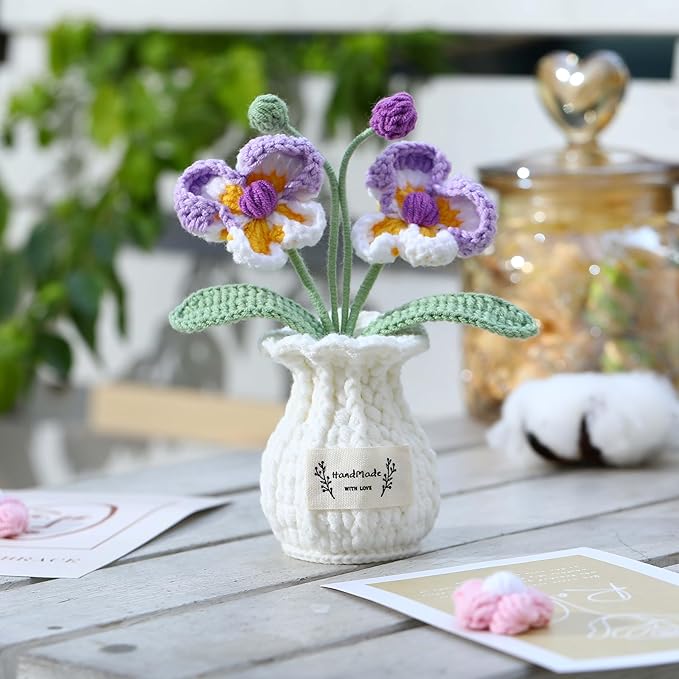 YOOJEE Orchid Crochet Flower Pot Purple Handmade Knitted Phalaenopsis Desk Decor for Home Office