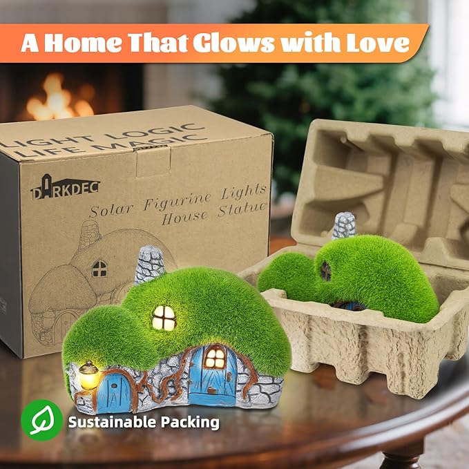 Darkdec Outdoor Figurine Lights Garden House Statue - Outdoor Statues with Solar Lights Garden Cottage Lighting Figurines for Home or Yard Decor
