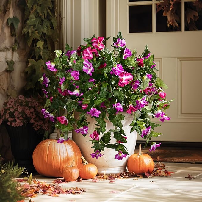 Artificial Morning Glory Flowers Plants for Outdoor 2Pcs Faux Silk Petunias Flower Realistic Faux Flowers Plants for Outside Planter Porch Yard Patio Balcony Home Indoor Decor (2 Pcs Fuchsia)