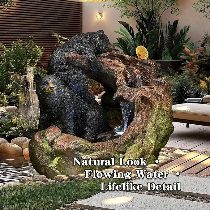 22'' Outdoor Bear Fountain with LED Lights – Wildlife Water Feature for Garden, Patio, Yard, or Porch – Durable Polyresin Animal Waterfall Decor – Rustic Brown & Black Finish