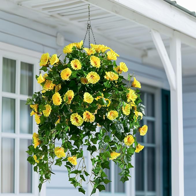 Morning Glory Artificial Hanging Flowers for Outdoors 3 Pcs Fake Petunias Flower Faux Silk Long Trailing Vines Realistic Flower for Front Door Porch Patio Balcony Garden Yard Decor (3 Pcs Yellow)