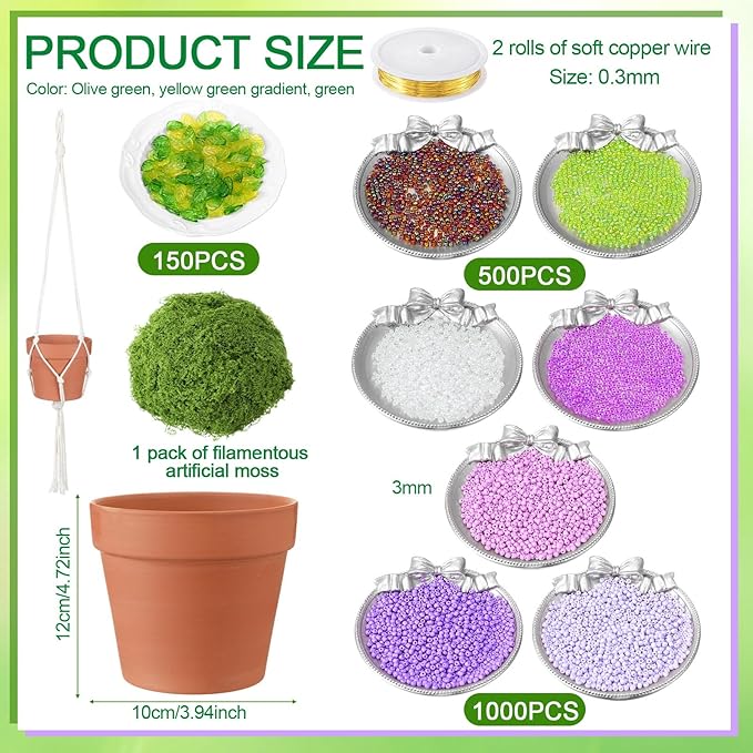 Potchen 13155 Pcs DIY Wisteria Beaded and 5 Inch Clay Pot Planter Set, Glass Beads Plant Making Kit with Artificial Moss Hanging Rope Purple Nature Series Colorful Crystal Leaf Jewelry for Craft
