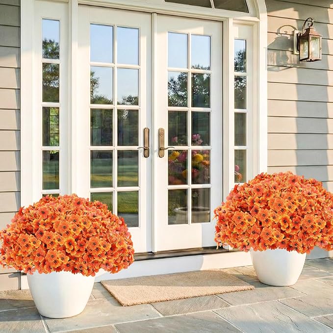 22 Bunch Outdoor Artificial Flowers with Plastic Plants Violets Faux Flowers,Outdoor Front Porch Hanging Planter Window Frame Garden Decor (Orange)
