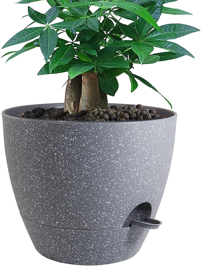 UOUZ 12 inch Large Self Watering Pots, Plastic Planters with 60oZ Removable Deep Reservoir and Multi Mesh Drainage Holes for Indoor Outdoor Garden Plants and Flowers, Grey Speckles