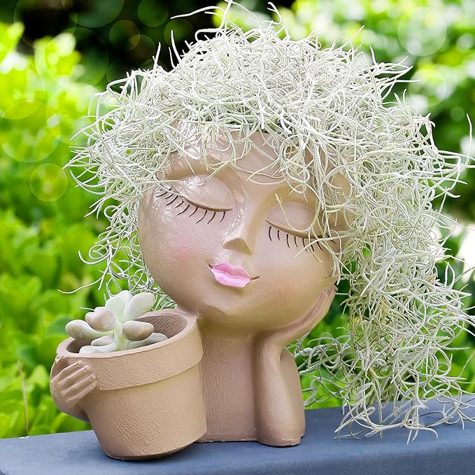 vomiceak Face Planters Pots Head Planter for Indoor Outdoor Plants - Cute Plant Pots for Flower Succulent with Drainage Hole - Ideal Present Ideas(Khaki Lady)