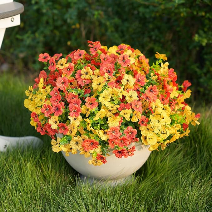 Artificial Fall Flowers for Outdoor Indoor Realistic Faux Flower Garden Home Decoration, Hanging Autumn Fall Decor Daisy with Eucalyptus Leaves Fake Plants Greenery Porch Patio Front Door Decors