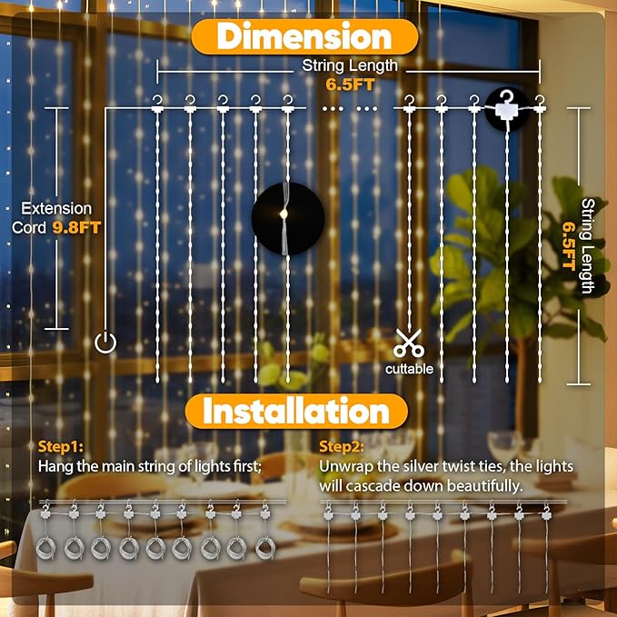 suddus Tangle-Free Curtain Lights,200 LED 6.5x6.5ft Hanging Lights with Hooks, Curtain Lights for Bedroom,Christmas, Dorm, Wall, Backdrop, Window, Wedding, Party, Birthday Decor, Warm White