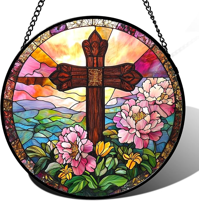 JOSUMALY Christian Gifts for Women - Cross Stained Glass Window Hanging Jesus Easter Pink Flower Peony Sun Catcher Garden Religion Decor Mother's Day Catholic Gift for Men Grandma Mom Her Nana 11.8"