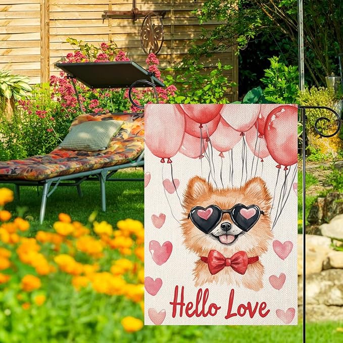 Valentine's Day Pomeranian Hello Love Garden Flag, House Yard Plaid Love Heart Outside Decoration, Spring Holiday Wedding Anniversary Outdoor Small Decor 12x18(12633)