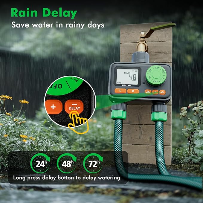 RESTMO 2 Zone Sprinkler Timer, Programmable Water Timer for Garden Hose, Automatic Control | Manual ON/Off | Rain Delay for Outdoor Faucet, Drip Irrigation and Lawn Watering System