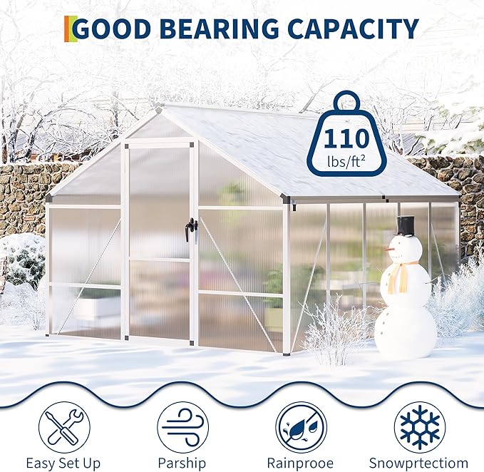 8X10 FT Greenhouse for Outdoors, Large Walk-in Polycarbonate Greenhouse Kit, Aluminum Frame, Lockable Door, Roof Vent, Ground Spikes, for Garden, Patio, Backyard, Outdoor Plant Growth