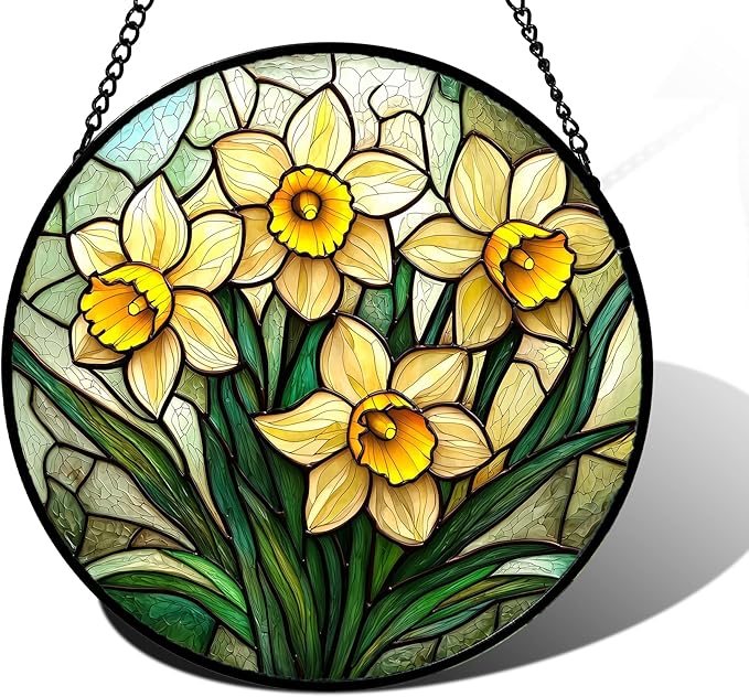 DASTOLL Stained Glass Window Hanging, Daffodil Plant Flowers Sun Catchers Diamond Glass Panel Hangings Suncatcher Decor for Birthday for Women, Men, Wife, Aunt, and Mom 11.8x11.8 in