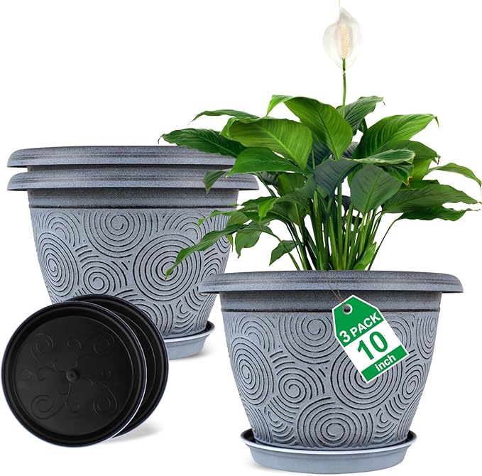 Fodetyff 10 Inch Flower Pots Planters for Indoor Outdoor Plants, 3 Pack Plastic Large Plant Pots with Drainage Hole & Tray, Modern Decorative Garden Pot with Saucer, Plant Container for House