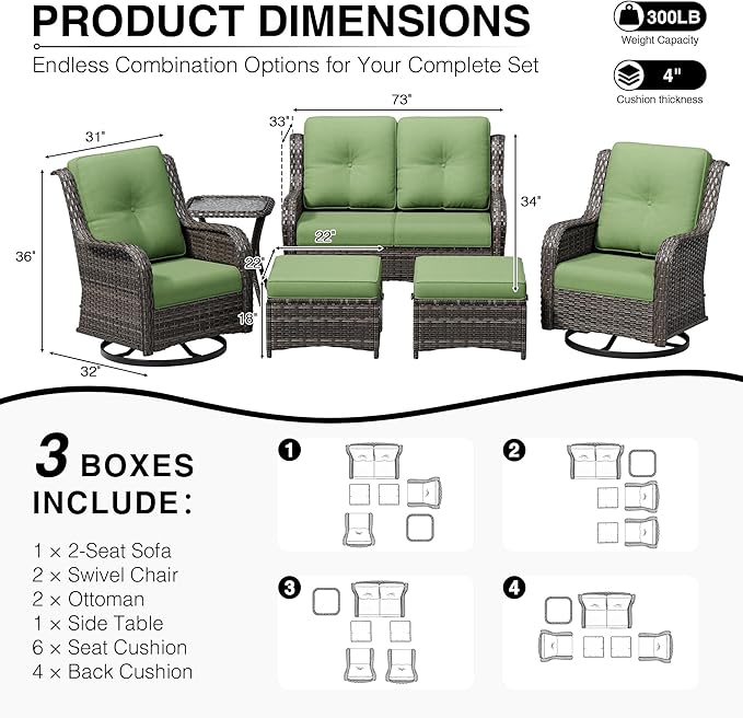 Joyside 6 Piece Wicker Patio Furniture Set, Outdoor Swivel Rocker Patio Chairs with High Back, Deep Seating, Wide Armrest, Thickened Cushions, Outdoor Furniture for Deck, Porch Use