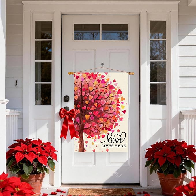 Love Lives Here Love Heart Shaped Tree Valentine’s Day House Flag large 28X40 Inch Big Vertical Double Sided Yard Outdoor Outside Holiday Decoration