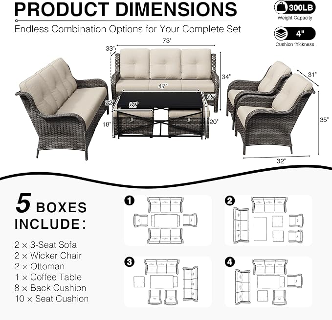 Joyside 7 Piece Wicker Patio Furniture Set, Rattan Patio Chairs with High Back, Deep Seating, Wide Armrest, Thickened Cushions, Outdoor Furniture for Deck, Porch Use