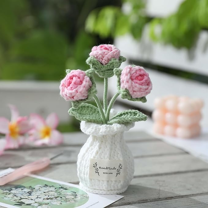 YOOJEE Crochet Rose Flower Potted Plant – Pink, Valentines Day Gift for Her, Handmade Knitted Romantic Desk Decor
