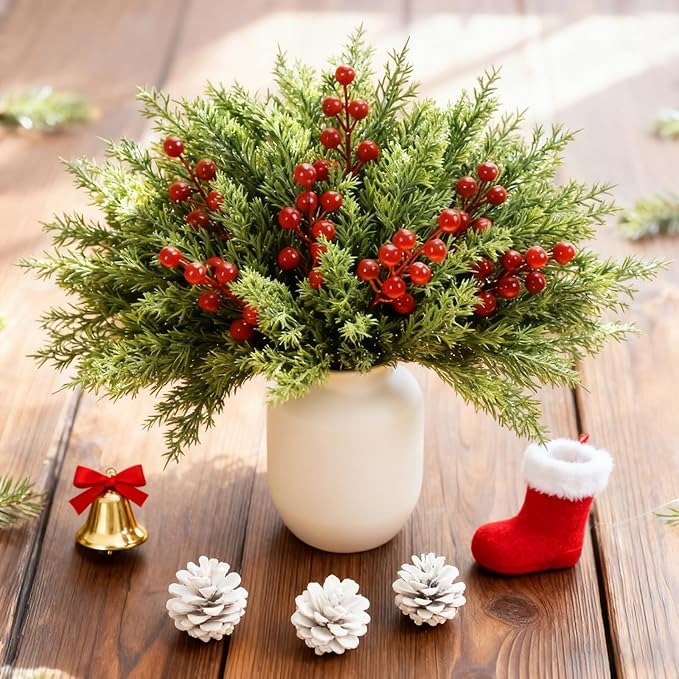 50 Pcs Christmas Artificial Pine Branches with Red Berry Stems - 10.5" Faux Greenery Norfolk Pine Fake Cedar Pine Needles Picks for Wreaths Craft DIY Garlands Home Decor