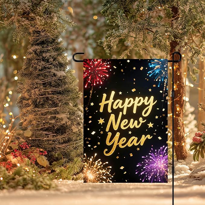 Happy New Year Garden Flag 12x18 Inch Double Sided Celebration Flag Banner Outdoor Yard Decoration for Home Lawn Porch House Seasonal Holiday Welcome Garden Flags