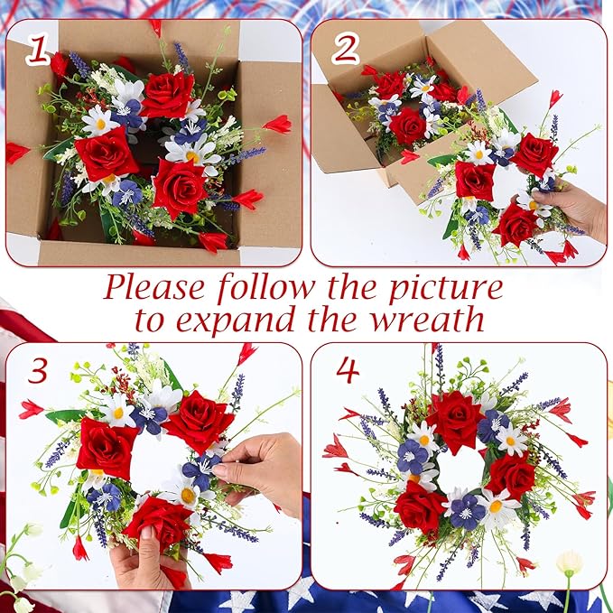 8 PCS Mini Patriotic American Cabinet Wreaths Small Red White and Blue Floral Wreath for Front Door with Ribbon Roses Daisy Forsythia July Independence Day Hanging Wreath for Porch Wall Window Decor