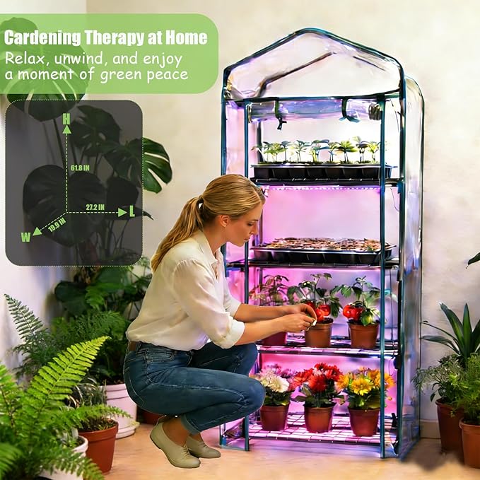 Mini Greenhouse with Grow Light , 4 Tier 27.2" L×19.9" W×61.8" H Portable Greenhouse with Zippered PVC Cover for Seed Starting Trays , Dimmable 2ft 60W Plant Light for Indoor Plant with Timer