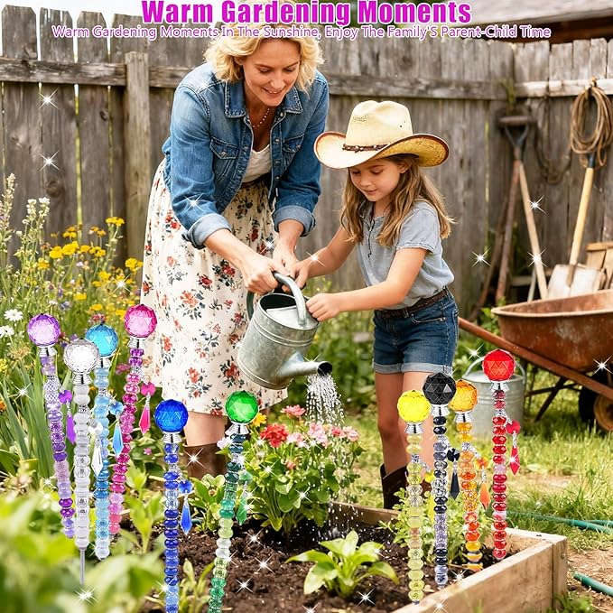 300 Pcs DIY Fairy Wand Beaded Garden Stakes Kit, Fairy Wands Garden Kit Colorful Large Hole Bead with Pendants Crystal Stopper Top Threaded Rod Beaded Garden Stakes Supplies for Outdoor Decorative
