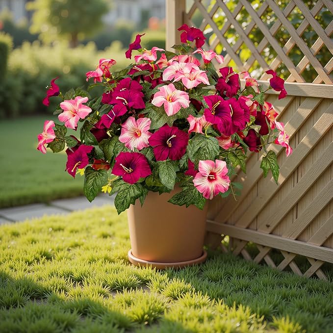 Brlita 19 Inch Artificial Flowers for Outdoor Indoor Garden Home Decoration,Faux Flower for Home Office Garden Patio Balcony 4 Bundles (Rose red Pink)