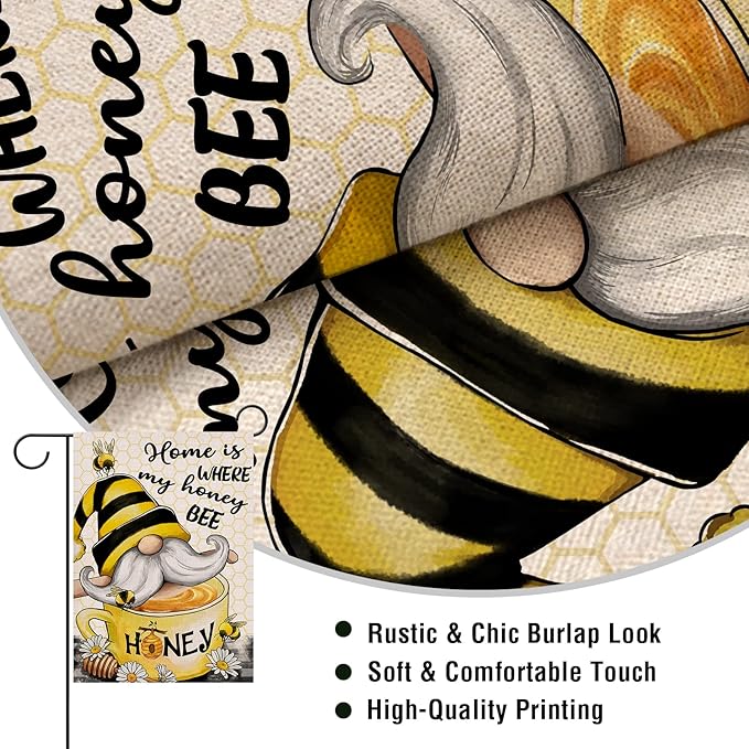 Artofy Home is Where My Honey Bumble Bee Gnome Decorative Garden Flag, House Yard Spring Summer Outside Decor, Outdoor Small Burlap Decoration 12x18
