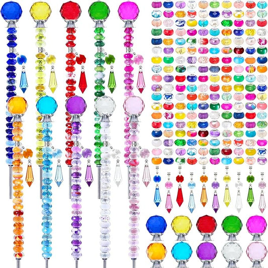 Exway 247 PCS DIY Fairy Wand Beaded Garden Stake Kits with Assortment Large Hole Beads 10 Crystal Stopper Top Threaded Rods and Sparkling Crystal Pendants for Outdoor Indoor Decor