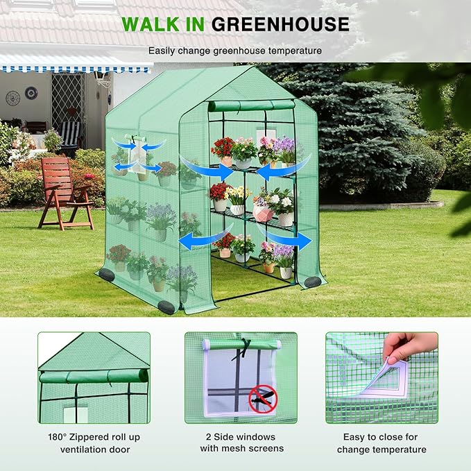 Yesker Greenhouse 57.5"x57"x77" Walk in Green House - Large Outdoor/Indoor Greenhouses with 8 Shelves Waterproof PE Cover & Windows, Portable Greenhouse Kit for Winter Backyard Gardening Patio, Green