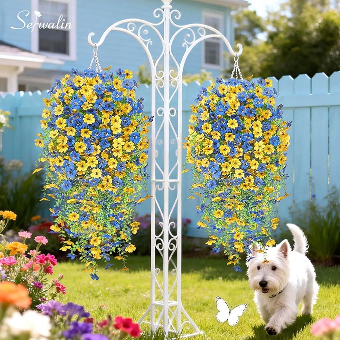 Serwalin 12PCS Artificial Fall Flowers for Outdoors Decoration, Realistic Silk Artificial Fall Hanging Flowers for Patio, Garden, Porch, Window, Outside (Yellow& Blue,12PCS)