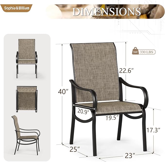 Sophia & William Patio Dining Chairs Set of 6 Outdoor Chairs High Back Textilene for Lawn Garden Backyard Poolside Weather Resistant